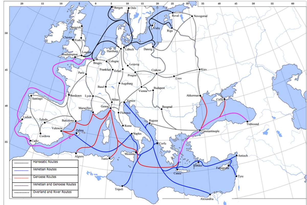 A map showing the main trade routes for goods within late medieval Europe